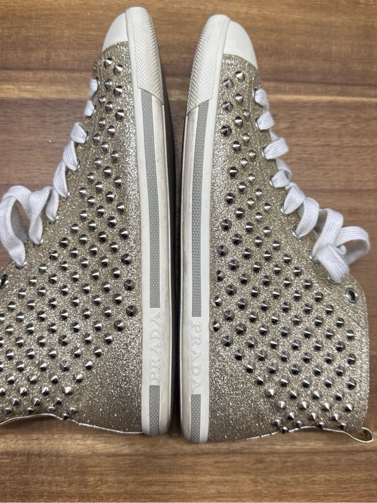 Prada Shoes - Prada Silver Glitter Studded High-Top Sneakers